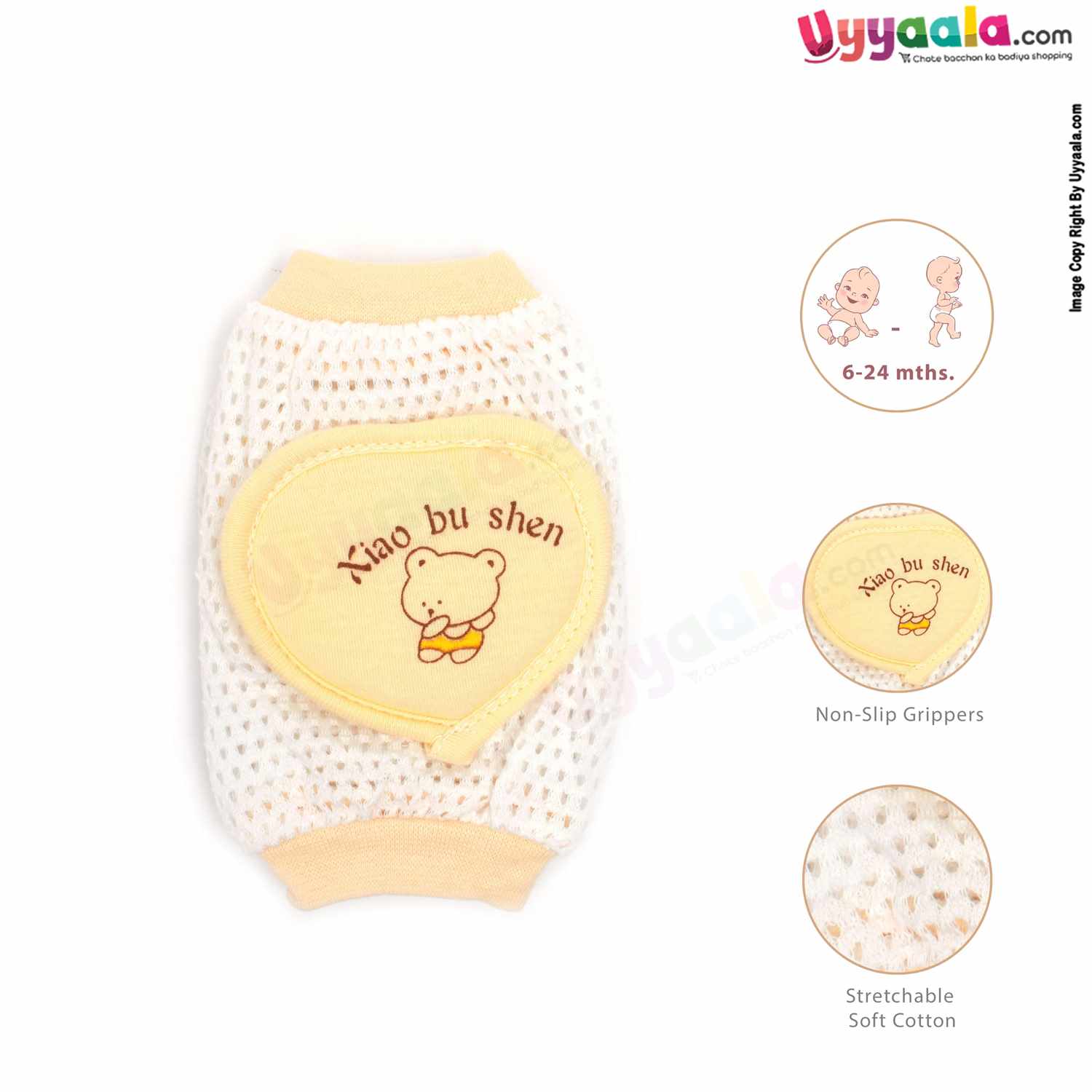 Cotton Stretchable Knee Protection Pads for Crawling Babies with Heart Shape Patch Teddy Bear Print Pack of 1 Pair , 6m-2Y Age - White & Yellow