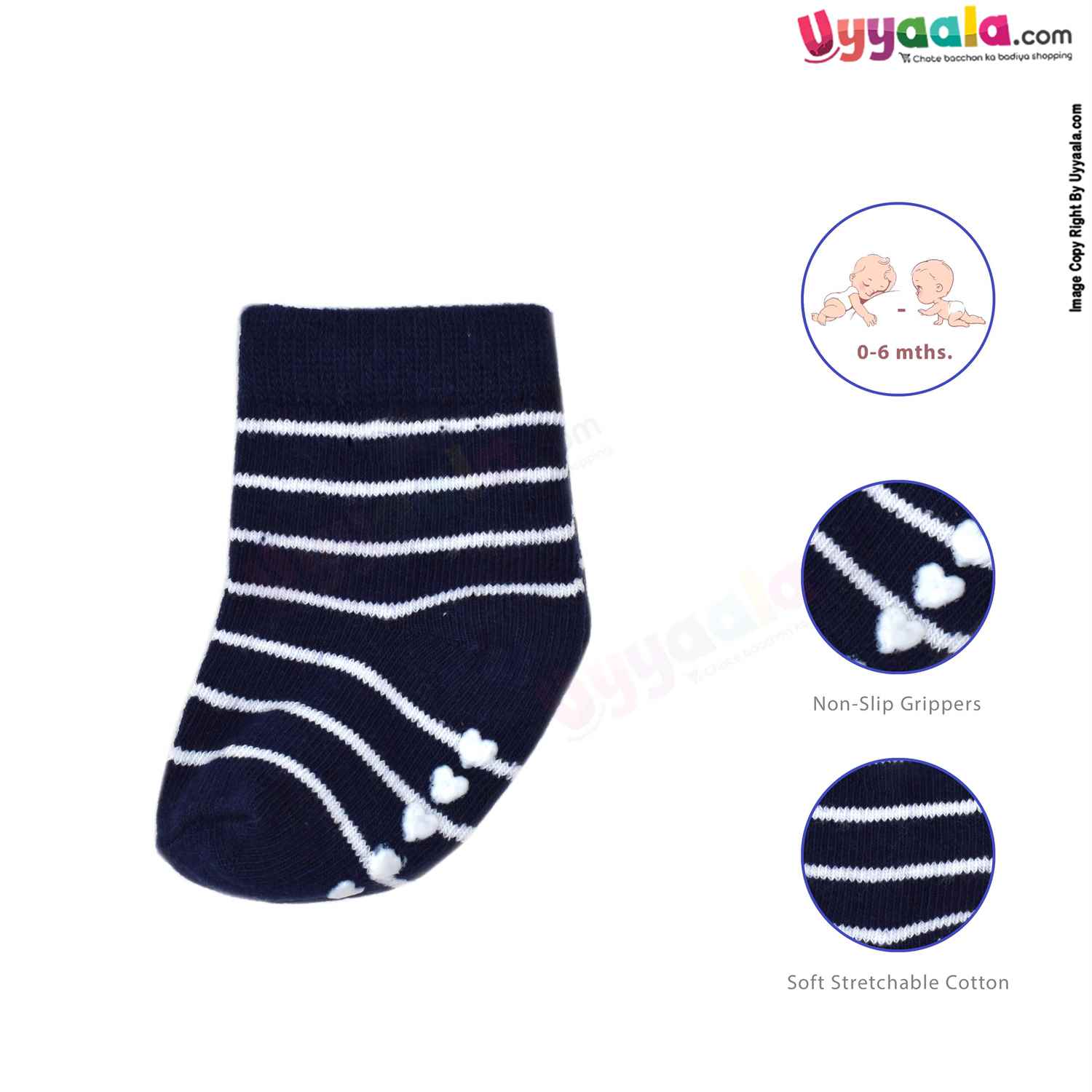 HUDSON BABY Stretchable & Non Skid Socks 3p Set with Multi Print, 0-6 m Age- Navy Blue & White