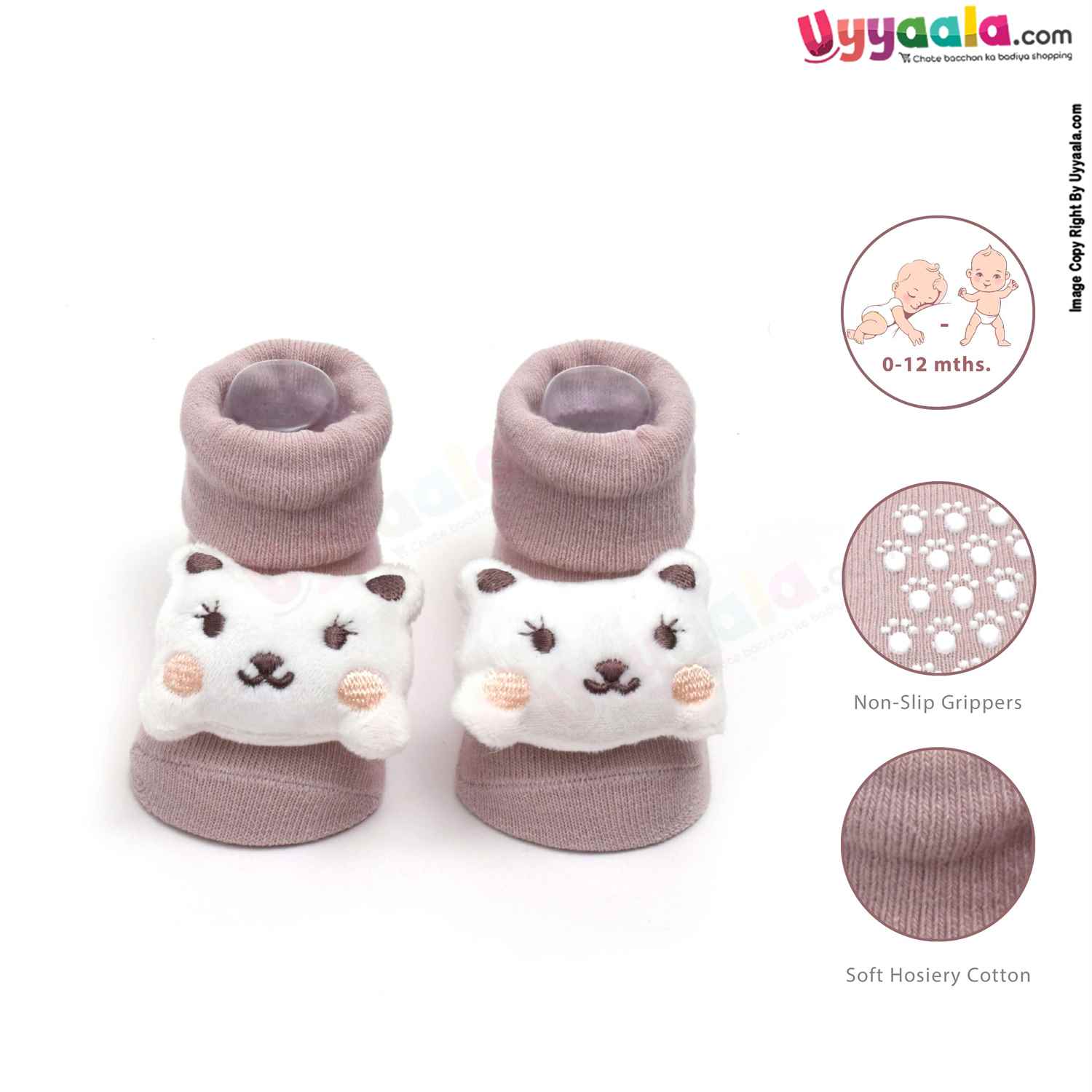 Hosiery Cotton Baby Socks with Hello Kitty Character ,0 to 12m Age- Brown