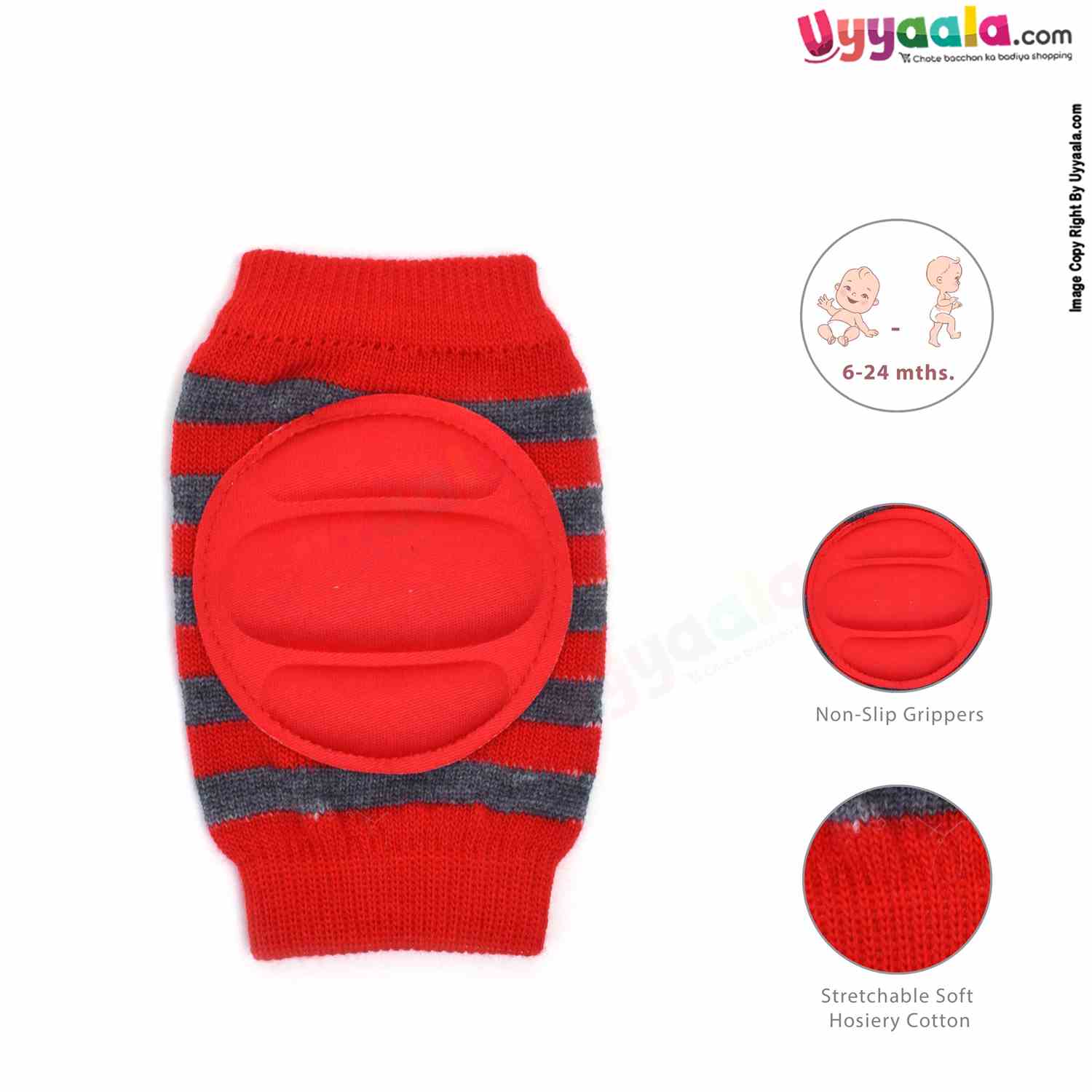 Hosiery Cotton Stretchable Knee Protection Pads for Crawling Babies with Stripes Print Pack of 1 Pair , 6m-2Y Age - Red & Grey