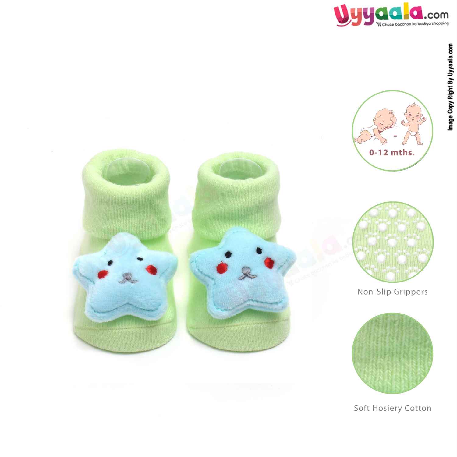 Hosiery Cotton Baby Socks with Star Character ,0 to 12m Age- Green