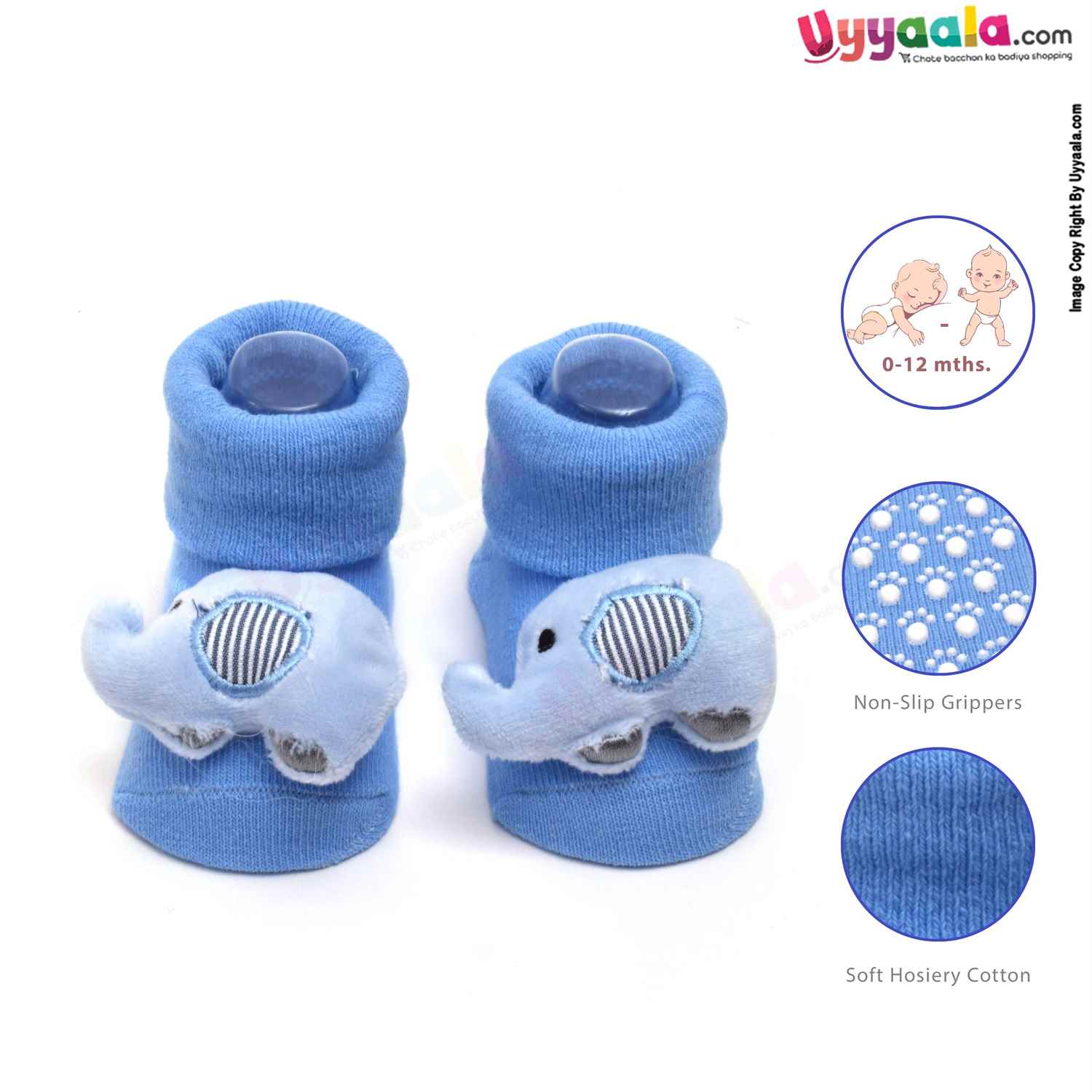 Hosiery Cotton Baby Socks with Elephant Character ,0 to 12m Age- Blue