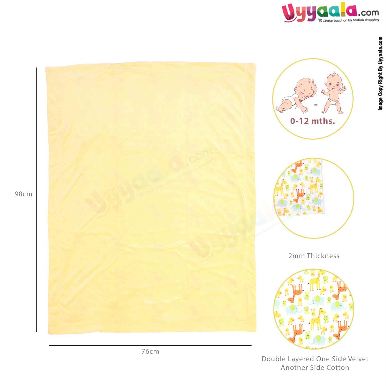 Eberry Double Layered Wrapper One Side Velvet & Another Side Cotton with Animals Print for Babies 0-12m Age, Size(98*76cm)-white & Yellow