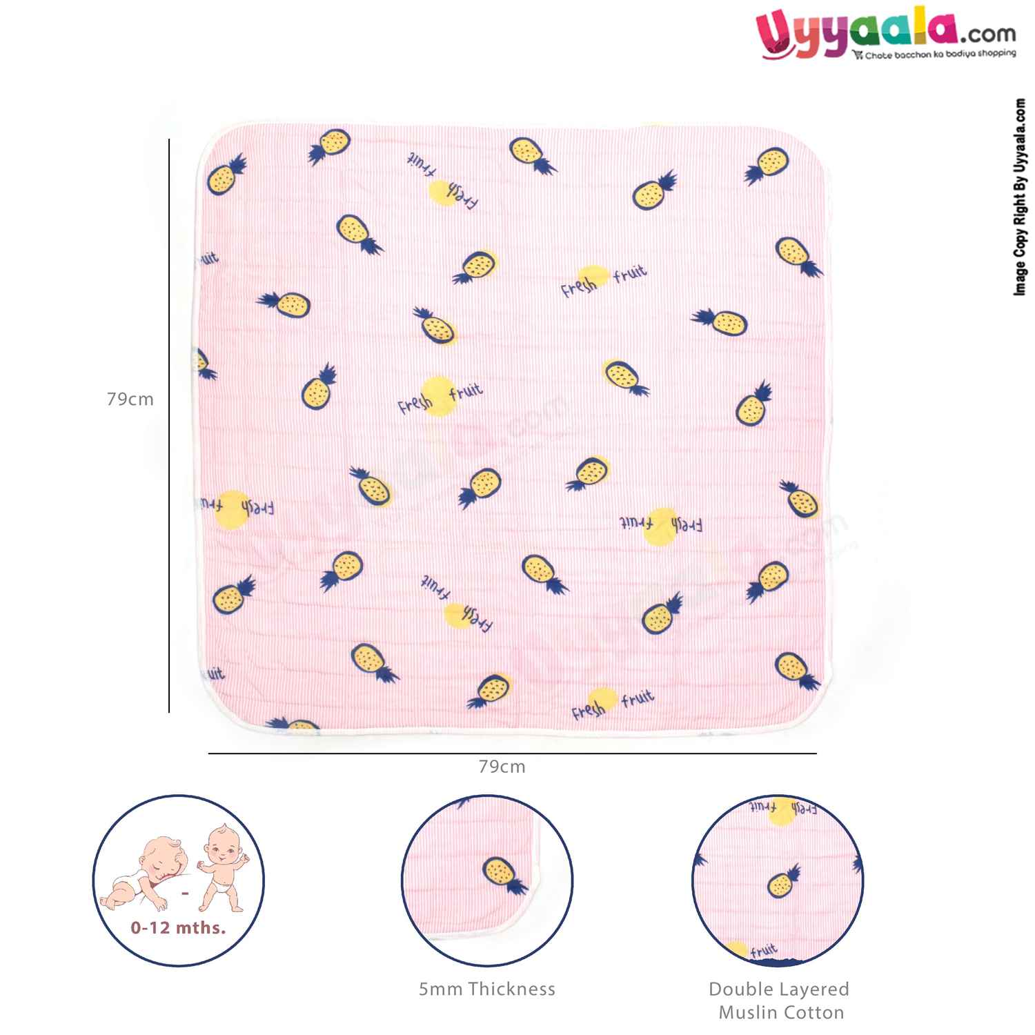 Double Layered Hooded Swaddle Wrapper with Stuff & Waist Belt Pineapple Print for Babies 0+m Age, Size (92*88cm)-Pink