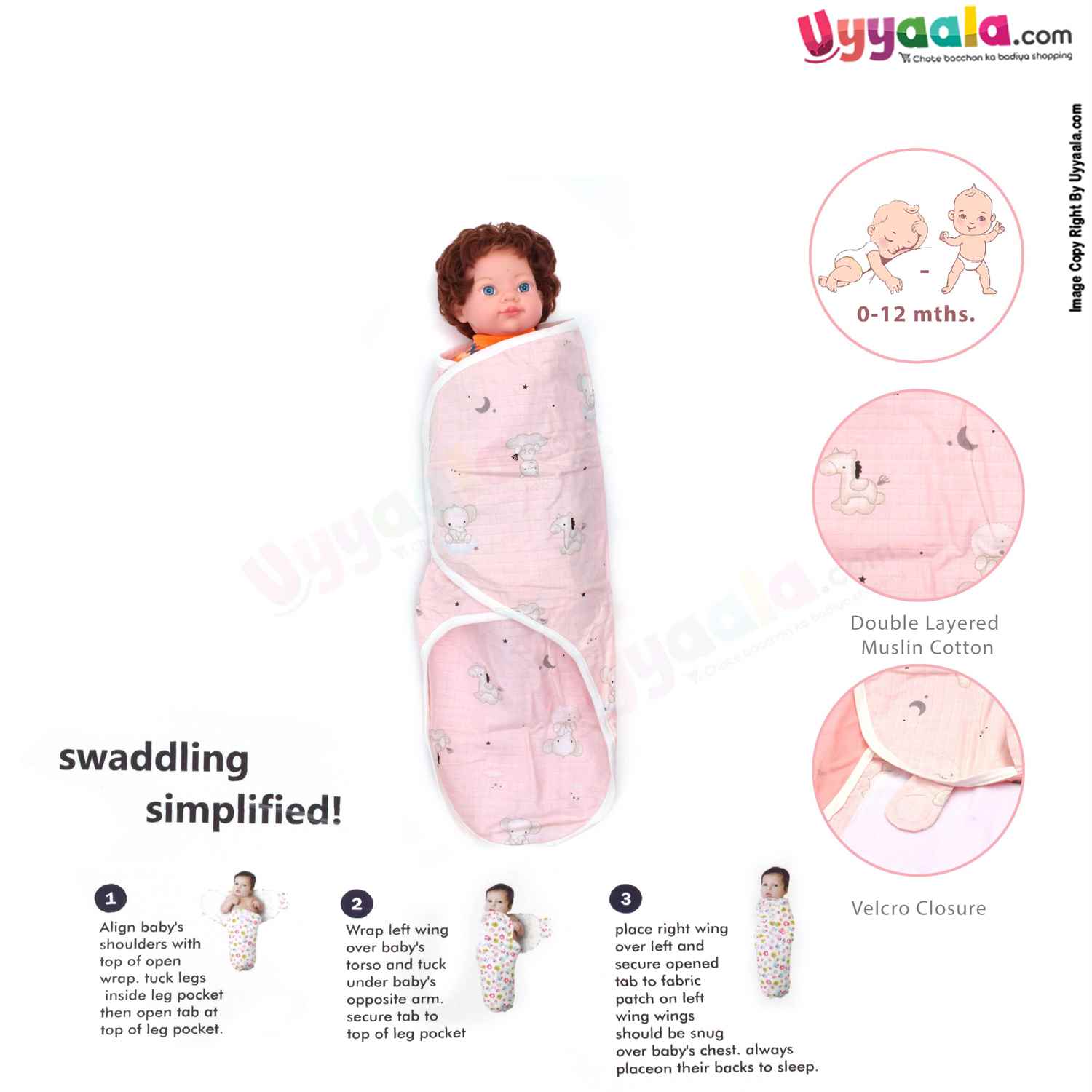 BANANA BABY double Layered Muslin Cotton Swaddle Adjustable Wrapper with Animals Print for Babies 0+m Age, Size(75*59cm)-Peach
