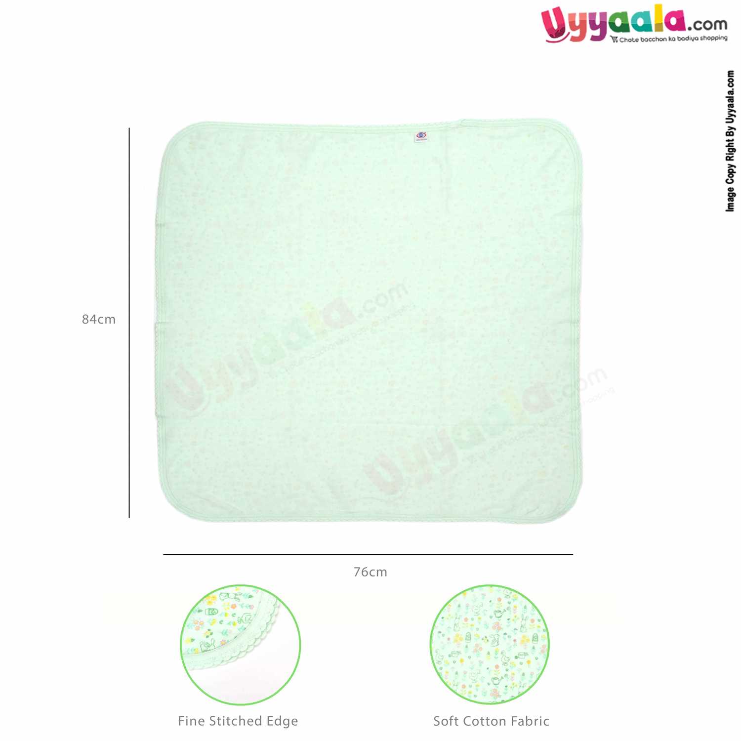 ZERO Baby Bath Soft 100% Cotton Towel with Rabbit & Duck Print 0+m Age, Size (84*76cm)- Light Green