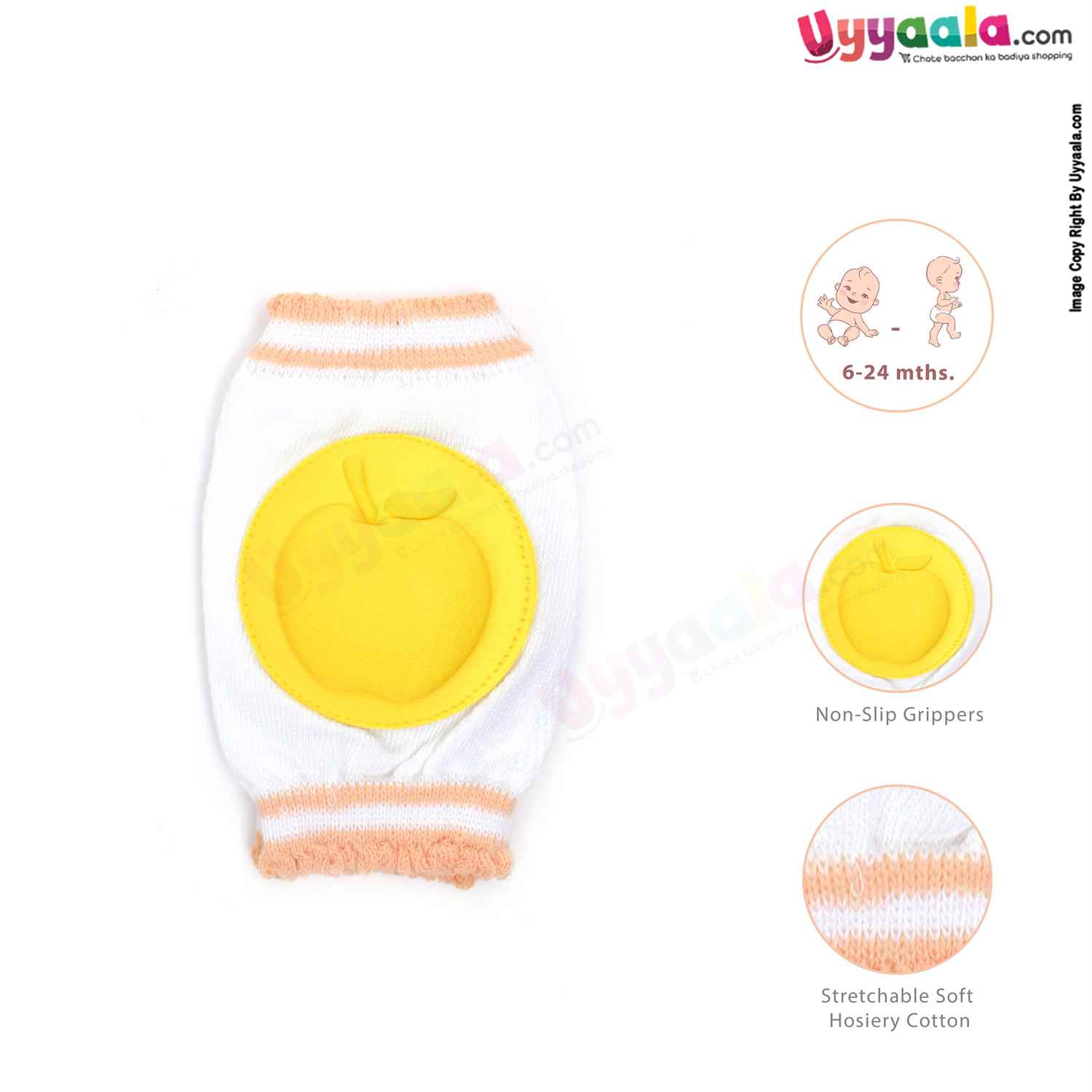 Hosiery Cotton Stretchable Knee Protection Pads for Crawling Babies with Apple Patch Pack of 1 Pair , 6m-2Y Age - White & Yellow