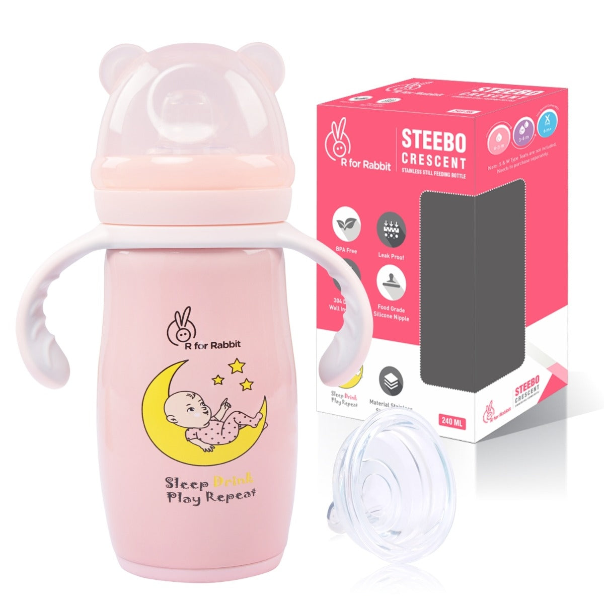 R FOR RABBIT Steebo Crescent Stainless Steel Feeding Bottle With Twin Handle - Pink, 240ml