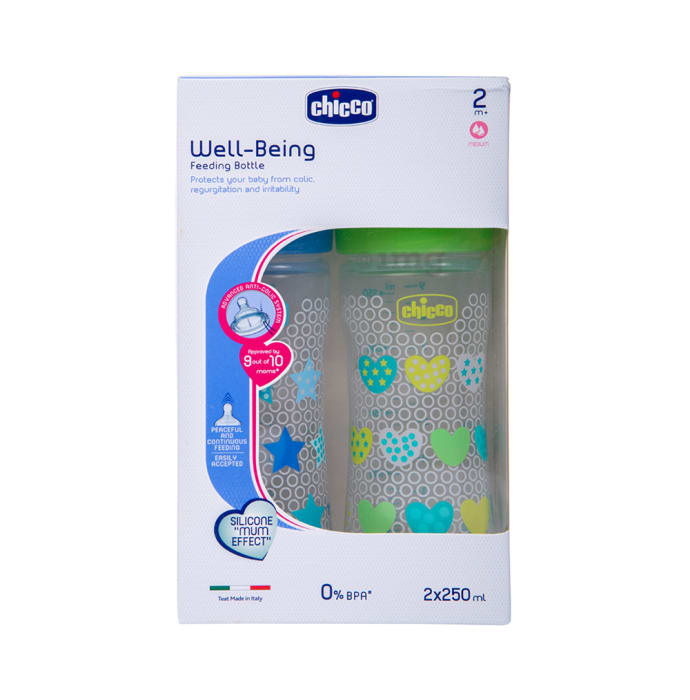 Chicco Feeding bottle Narrow neck Well being 250ml 2m+ 2P set Green & Blue