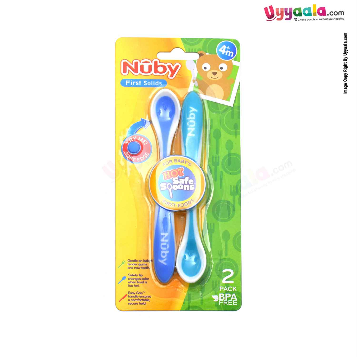 NUBY Hot safe spoons for babies first foods, Pack of 2- Green & Blue, 4+m